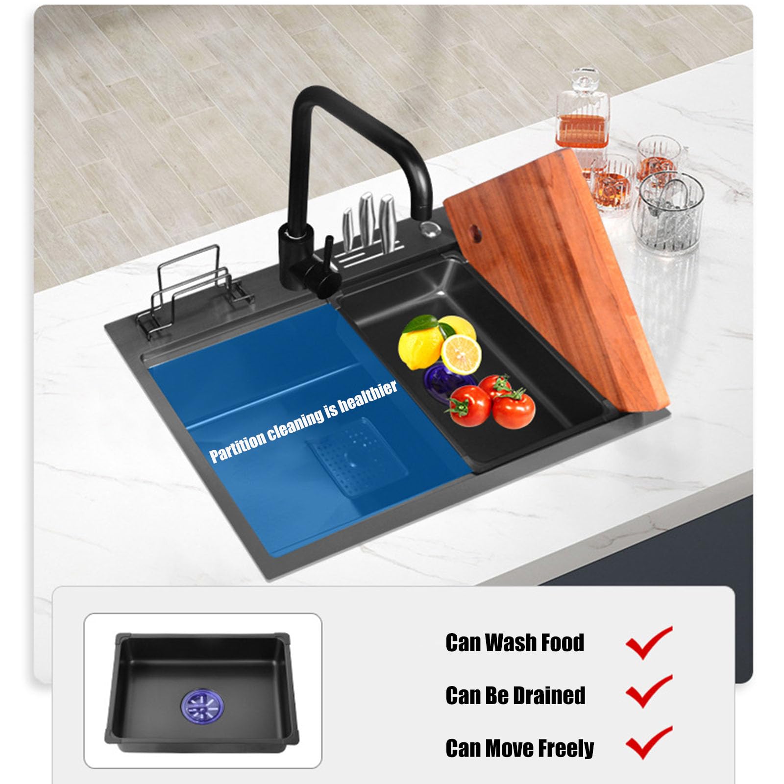 Lavello da cucina a vasca singola Lavello da incasso o sottopiano in acciaio inossidabile 304 con rubinetto estraibile Tagliere Porta coltelli Dispenser di sapone (60 * 46 * 22 CM, Nero) (Nero 60 *