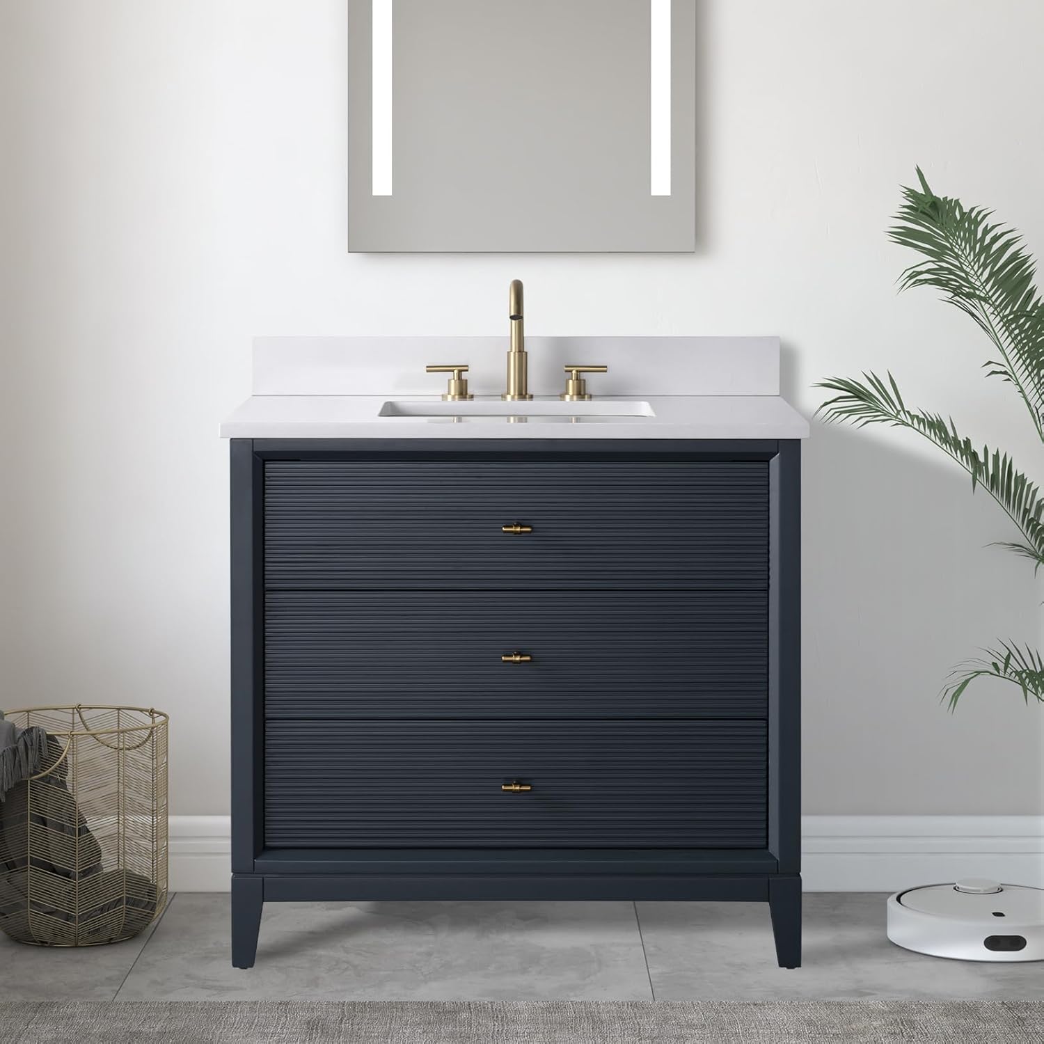 Vanity Art 36" Bathroom Vanity with Single Sink & Arabescato White Engineered Stone Top, Soft Closing Door, Solid Wood Frame, Golden Brushed Handles, Vintage Spruce Blue VA8136-VSB-GB