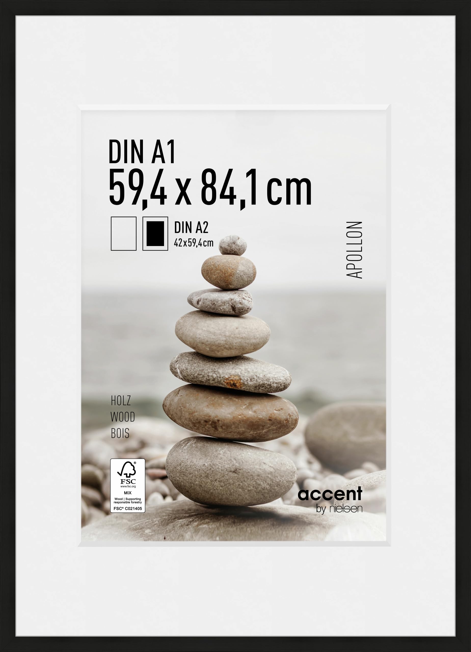 accent by nielsen Apollon Wooden Picture Frame - Black A1 (59.4x84.1cm) with White Mount for A2 Picture - Float Glass and Easy Push and Turn Clips