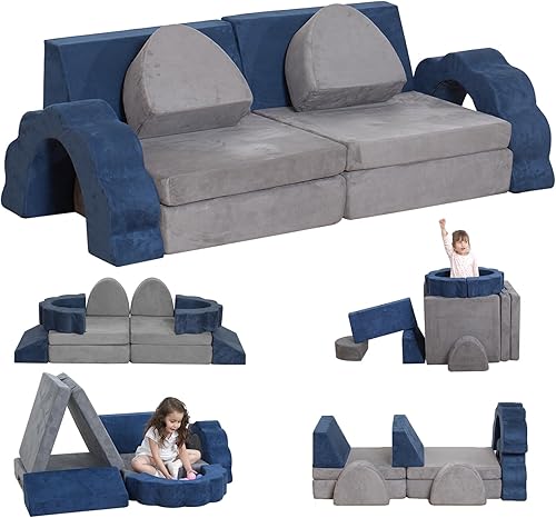 Sofá de juegos para niños, 10 unidades, sofá seccional de espuma de alta densidad, muebles para dormitorio de niñas y niños (azul)