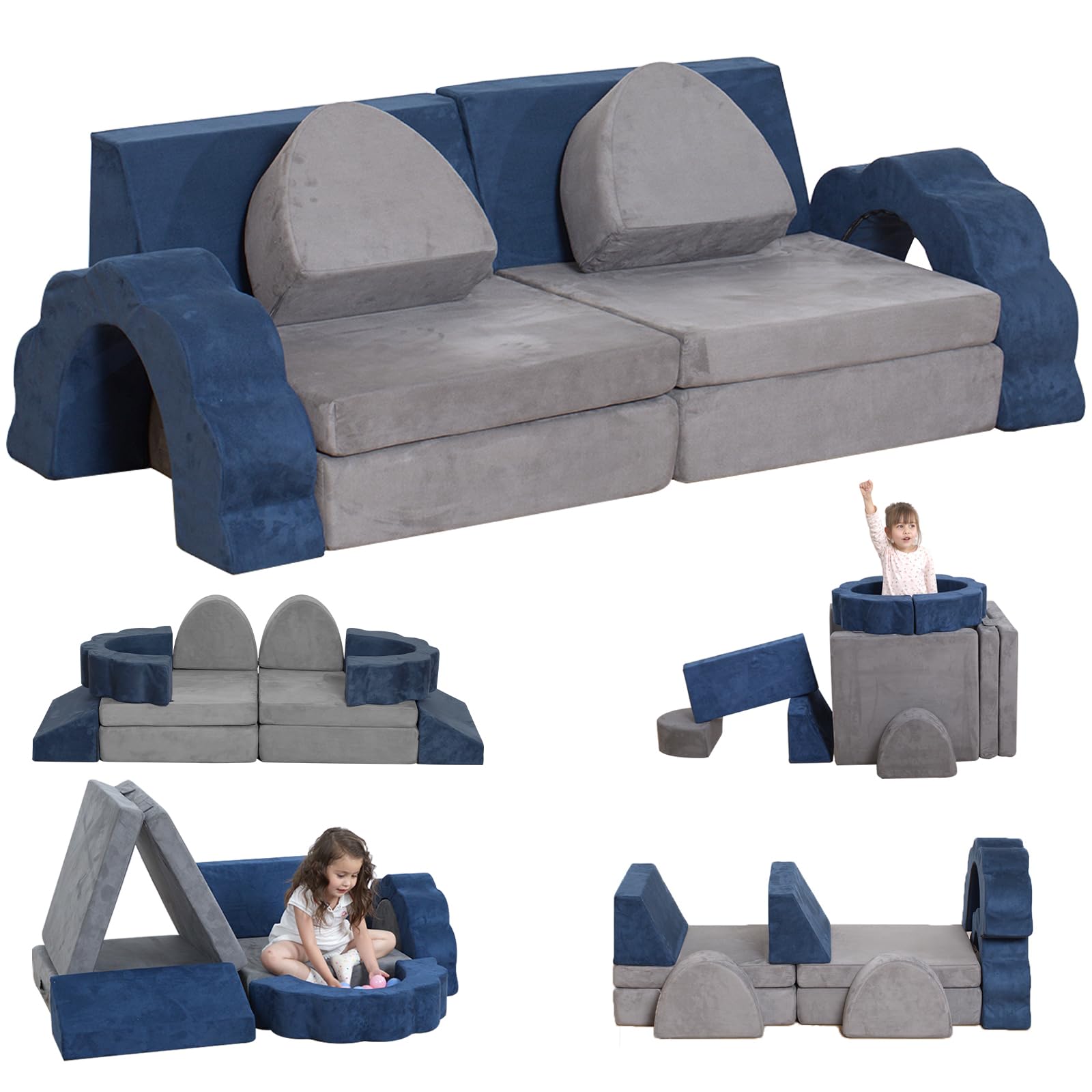 Flower Kids Play Couch 10PCS Toddler Couch High Density Foam Sectional Sofa Playroom Kids Furniture for Girls and Boys Bedroom (Blue)