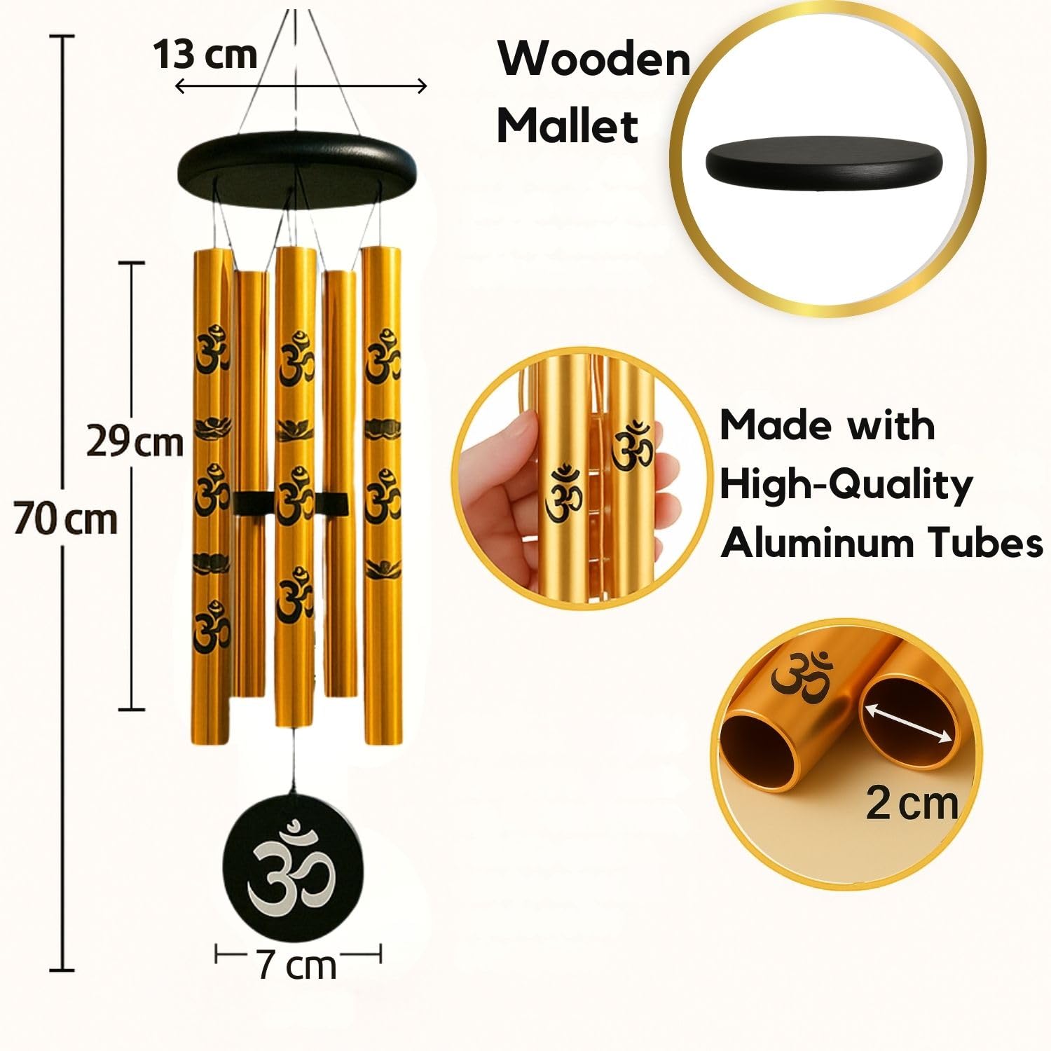 sculpmart 27inch Big Wind Chime for Home & Balcony Hanging - 5 Pipe OM Design Wind Chime for Positive Energy & Melody Sound (Golden) 2