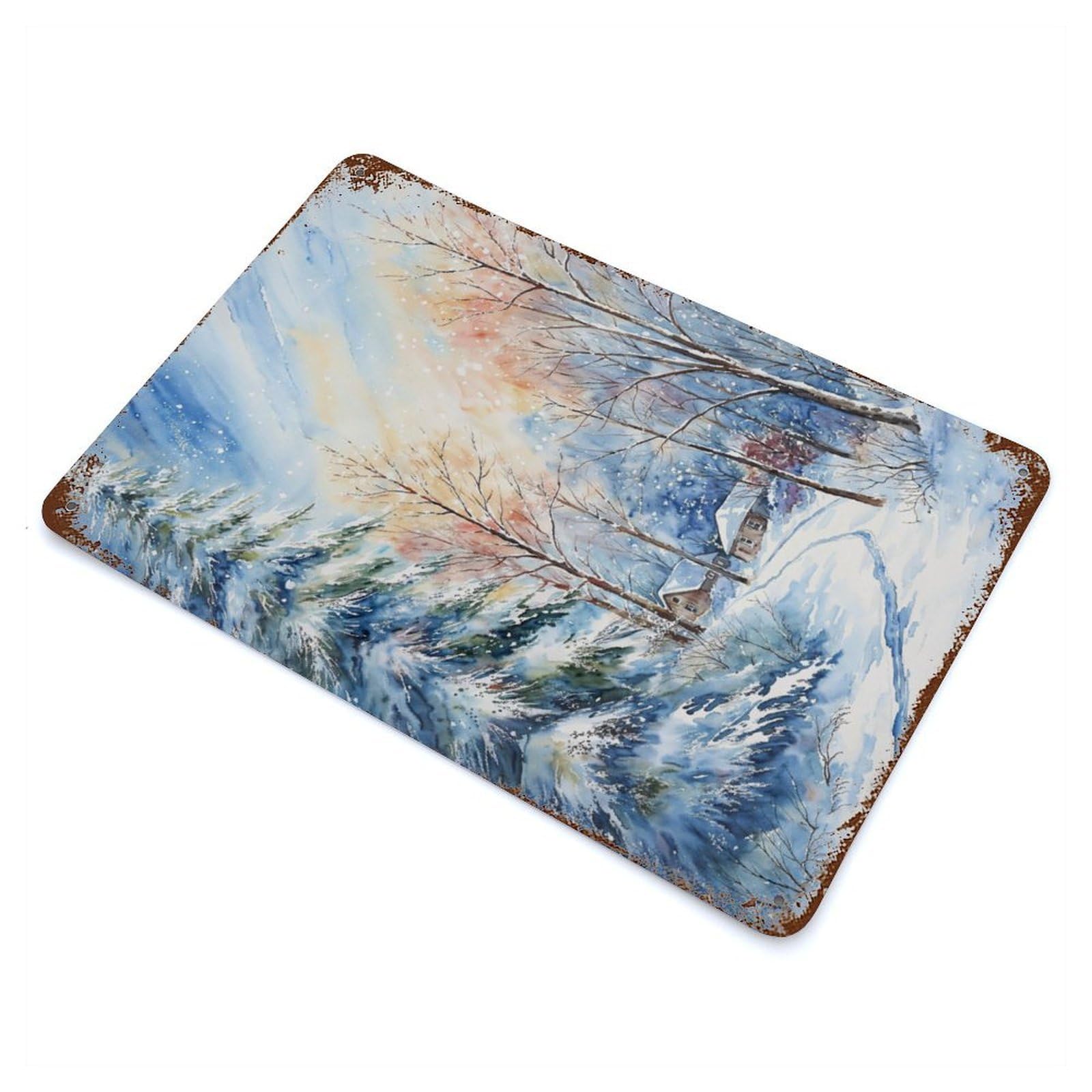Snowy Hamlet Rusty Metal Tin Sign 11.8"x7.9", Ideal for Farmhouse, Kitchen And Entryway Decor