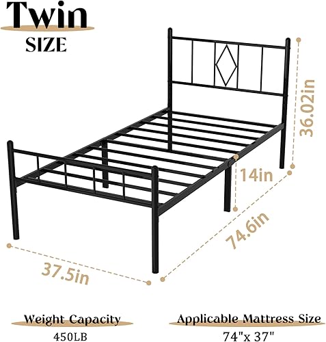 Miniatura 2 de Base de cama individual con plataforma metálica de 14 pulgadas, base de cama tamaño individual con cabecero para niños, no necesita somier,