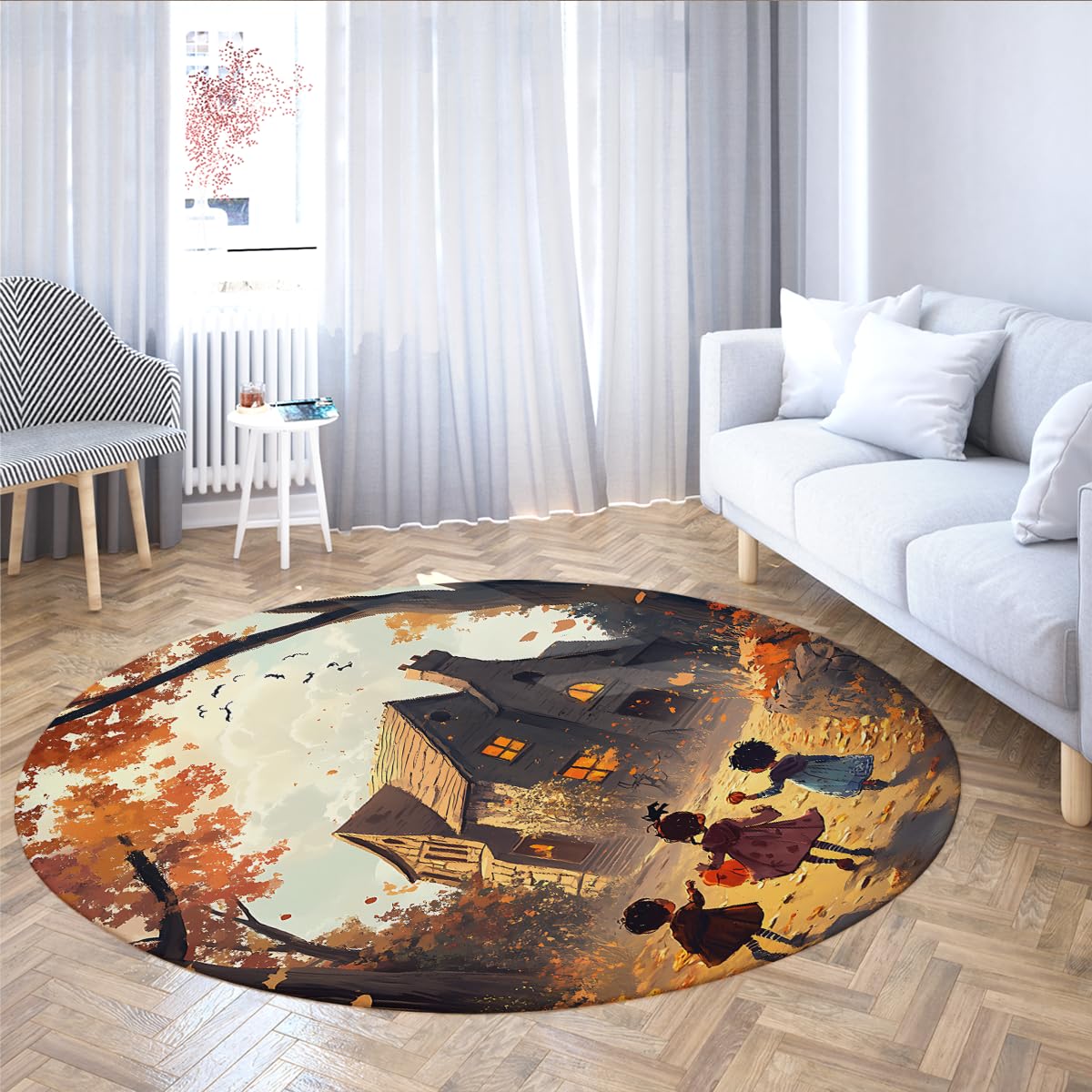 Tapis rond scène d'automne pour décoration de chambre de bébé et salon cocooning