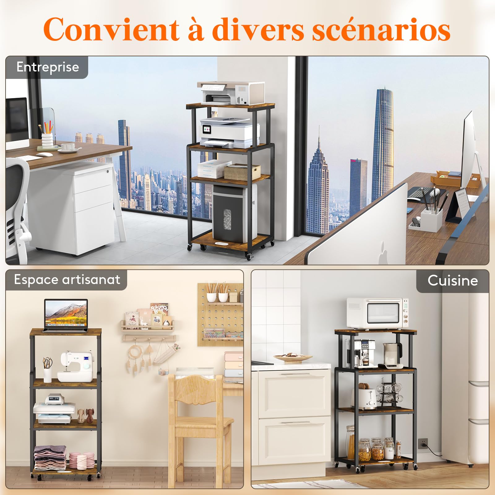 Lifewit Meuble Imprimante 4 Étages avec roulettes et Étagère de Rangement Ajustable pour Bureau à Domicile, Chariot D'imprimante pour Destructeur, Scanner, Brun Rustique, 53x40x112cm