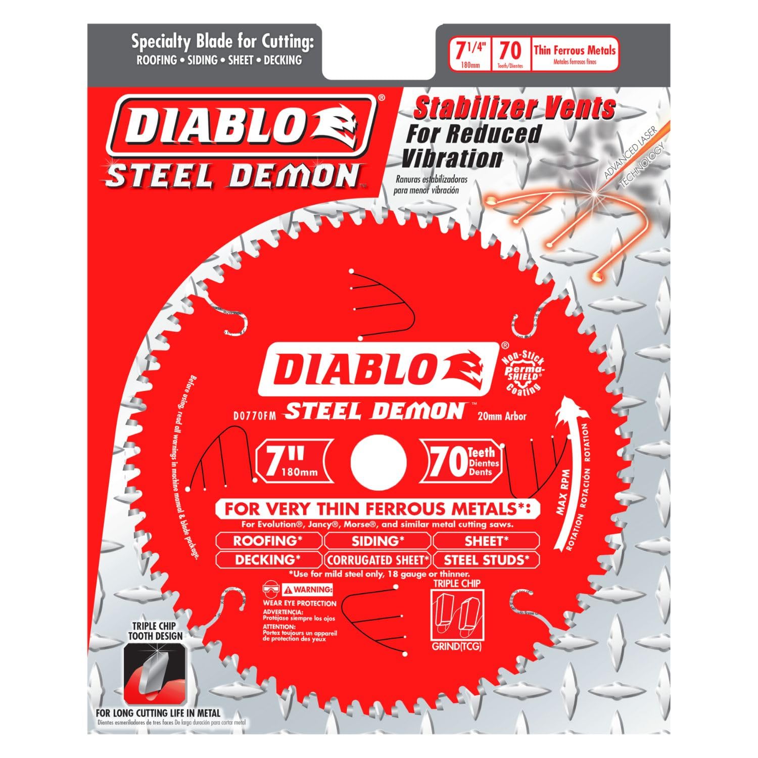 Diablo Steel Demon Saw Blade for Thin Metal - 7" Diameter, 70 TCG Teeth, 20mm Arbor, .071" Kerf, -5° Hook Angle, .051" Plate - D0770FM