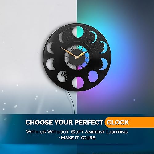 Miniatura 7 de Reloj de pared con luz LED, arte de pared de fases de la luna, decoración de fases lunares, regalo de ciclo lunar, disco de vinilo negro