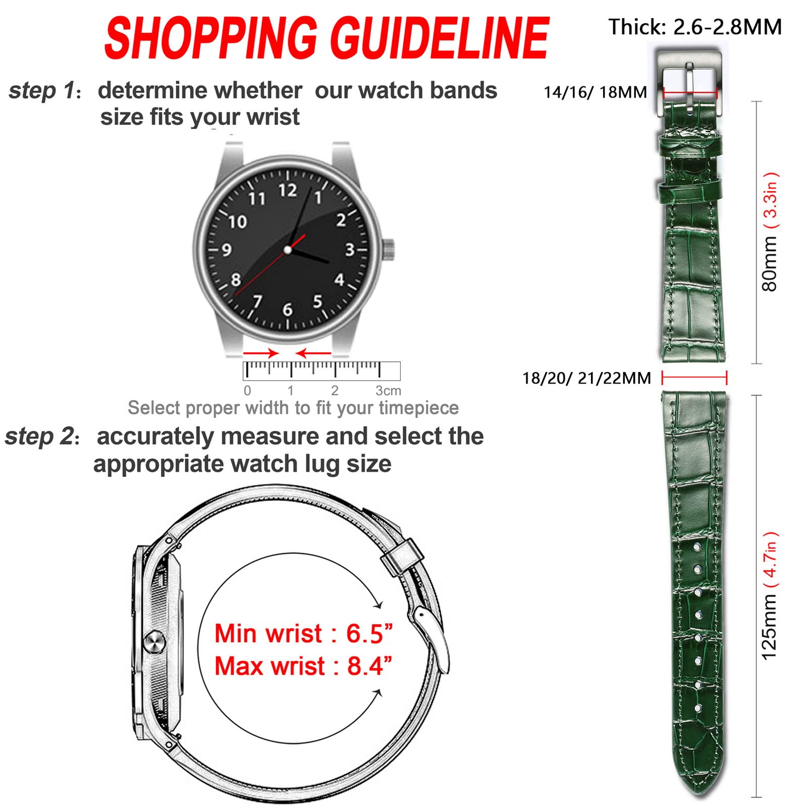 Bracelet de montre en cuir d'alligator, bracelet de montre en cuir véritable à ouverture rapide 18 mm, 19 mm, 20 mm, 21 mm et 22 mm pour hommes et femmes.