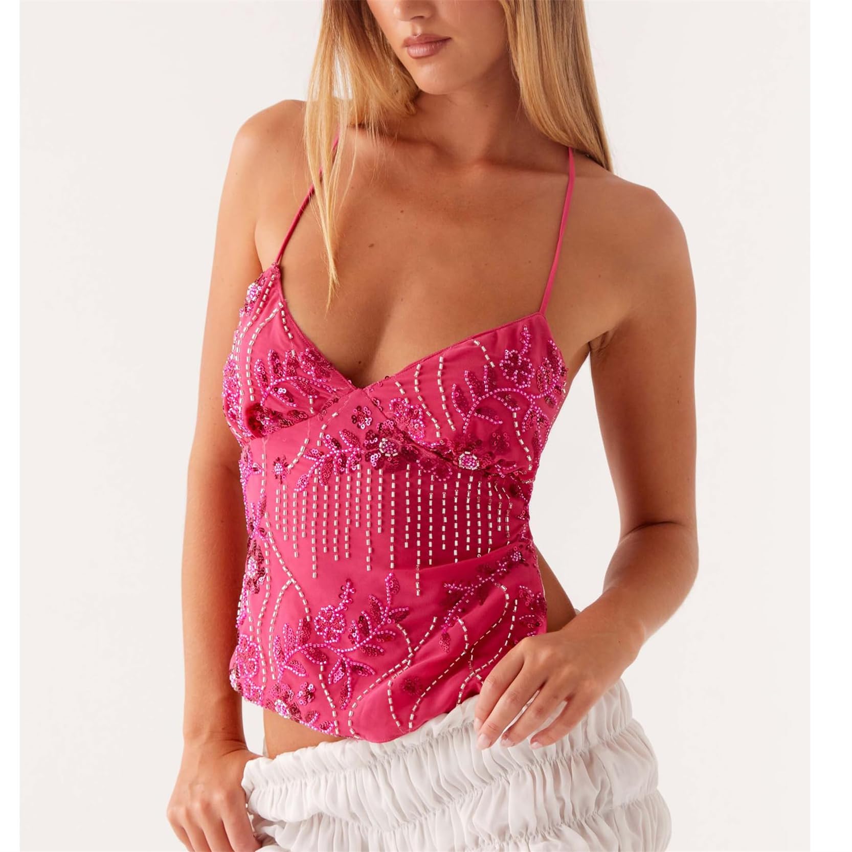 LYGBAOFUL Top Halter con Cuentas de Lentejuelas, Camisola de Fiesta sin Mangas Brillante Y2K con Cuello Vuelto de Corte bajo, Tops Adornados con Diamantes de imitación con Purpurina sin Espalda