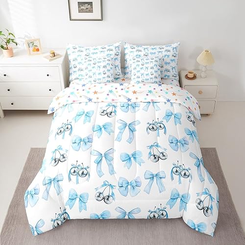 Feelyou Blue Bowknot Comforter Set 7 Pieces Dreamy Princess Style Bedding Set Qu