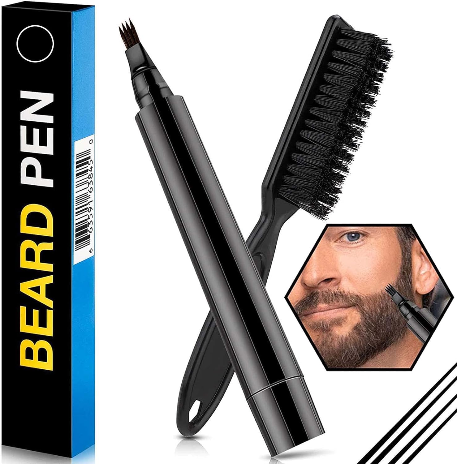 Beard Filling Pen Kit,Barber Styling Pen with Bristle Beard Brush,Waterproof Long-Lasting Durable Beard Pencil Filler for Men Beard, Moustache, Eyebrows (Black)