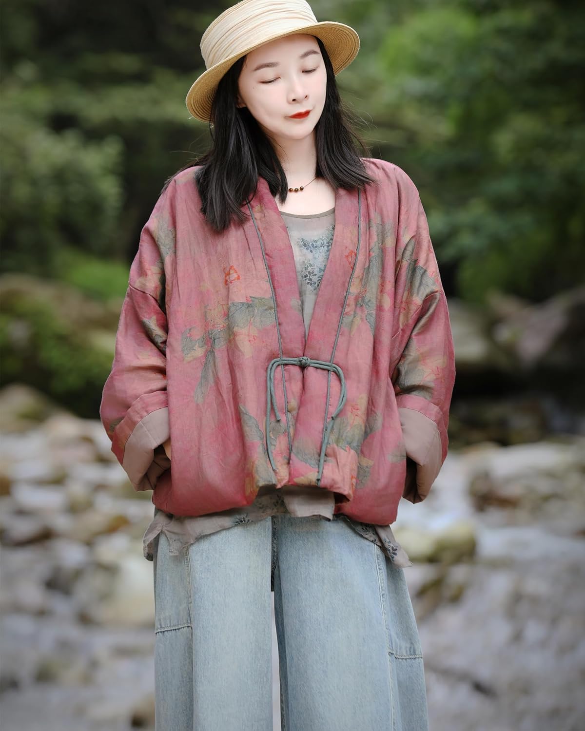 LUZU JUNU Women's Floral Printed Short Quilted Jacket Open Front V-Neck Shawl Collar Drop Shoulder Vintage Outwear - Image 8