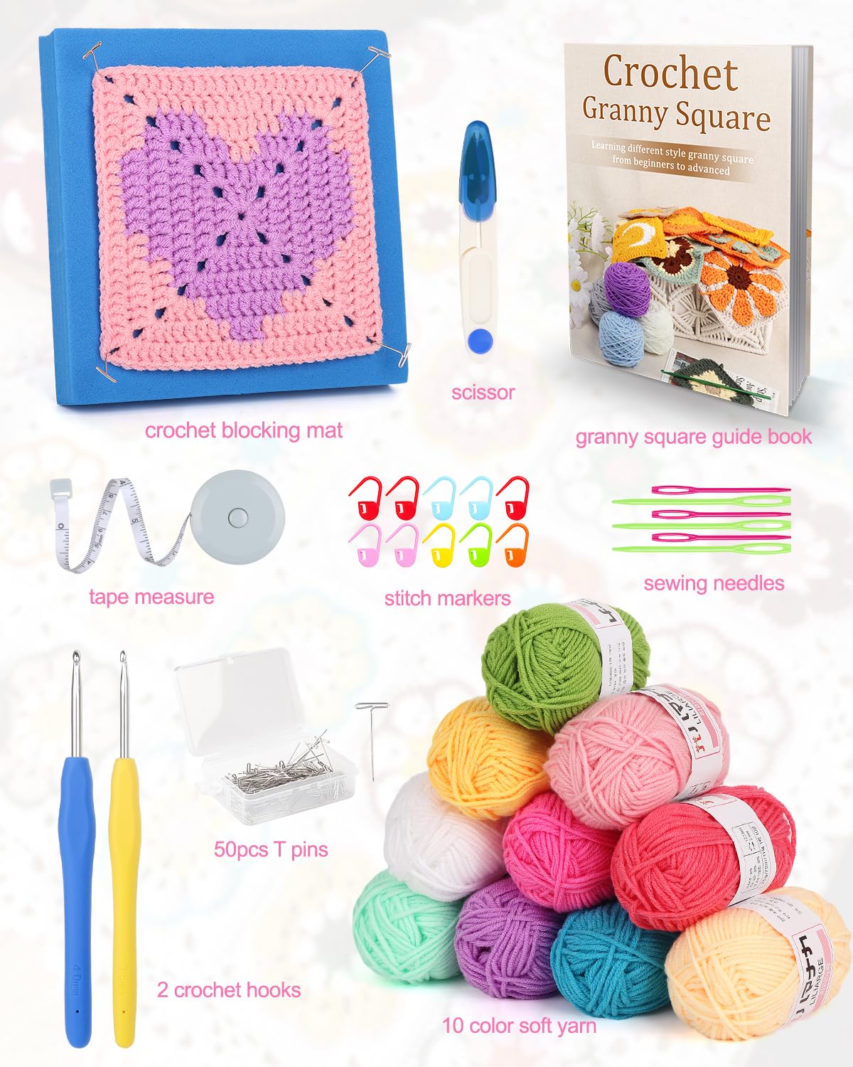 Reessy Crochet Kits for Beginners Adults Advanced Floral & Fruit Pattern Granny Square Crochet Kit with Instruction Book 10 Yarn Balls - Image 2