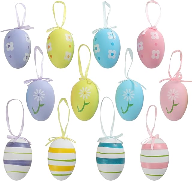 TRIXES 12PCS Easter Plastic Hanging Eggs  Decorations for the Home  Decorate an Easter Tree, Basket, Decorative Wooden Bowl, Easter Egg Hunt and More  Small Craft Ornaments for the Table and Mantel