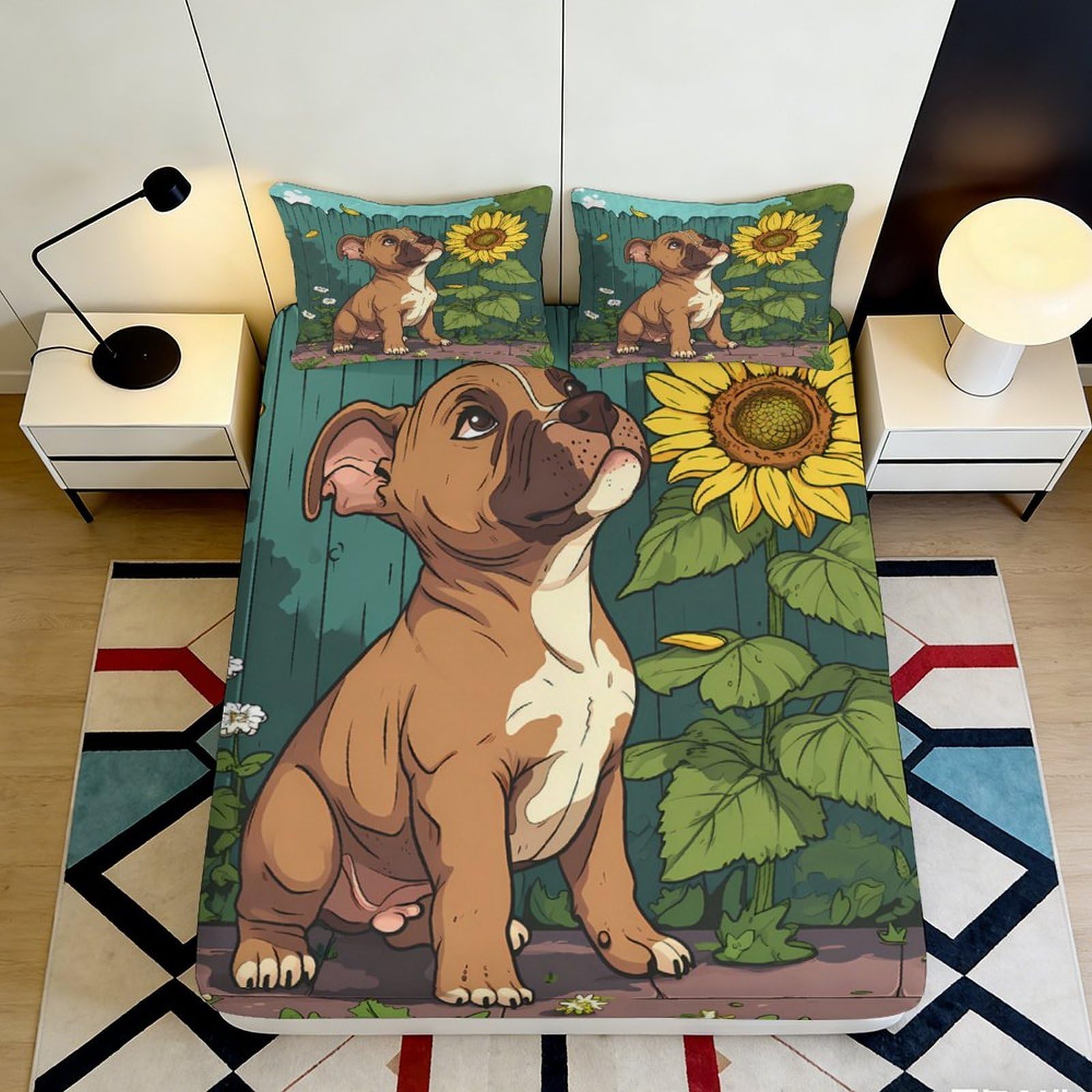 3D Printed Sunflower Puppy Fitted Sheet Microfiber Soft Breathable Dog Bed Cover for Bedroom Guest Room Decor 90x200x25cm