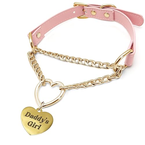 paloli Leather Slip Chain Choker β Adjustable PU Vegan Collar With Heart Ring & Cuban Chain, Letter Heart Pendant Necklace for Women - Pink-DADDYS