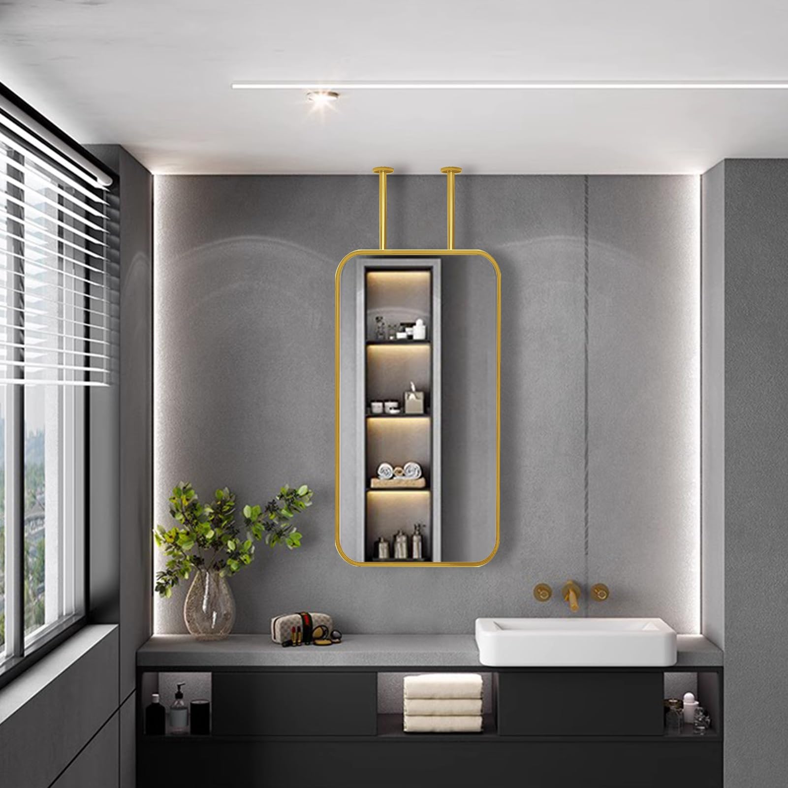 FGXHHS Rectangular Large Hanging Floating Mirror, Wall-Mounted Mirror with Metal Frame, Modern Decorative for Cloakroom Entry Way Bathroom Home Hotel -Gold(40cmx70cm)