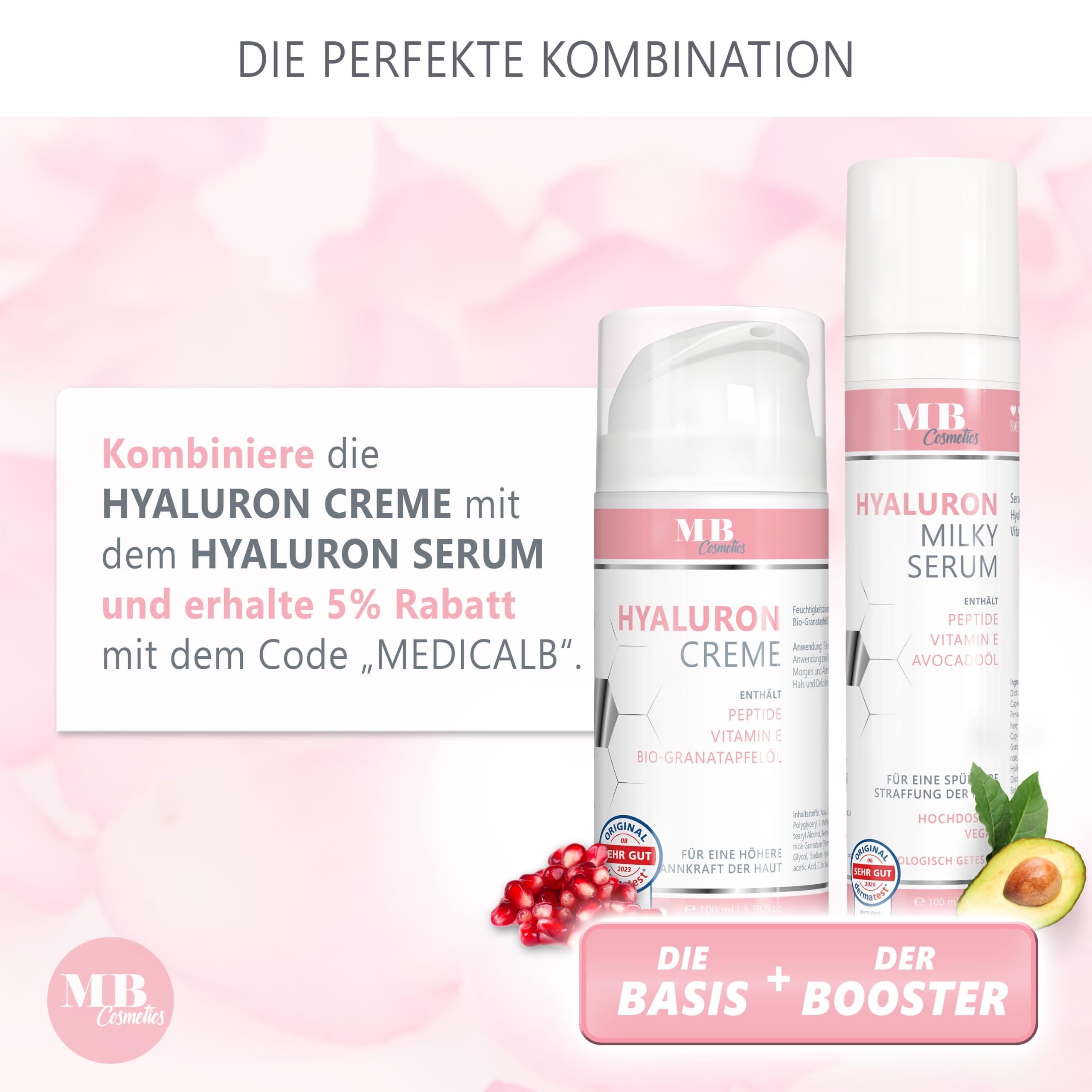 Hyaluron Serum hochdosiert 100ml - mit Anti Aging Booster Avocado-Ol, Peptiden und Vitamin E - vegane Anti-Falten Gesichtscreme für Augen, Hals und Dekollete mit quervernetzter Hyaluronsäure