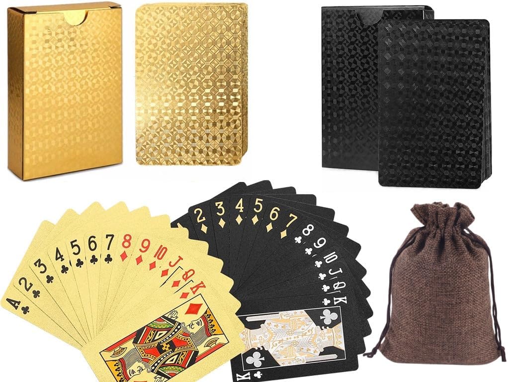 2 Pack Diamond Playing Cards Black Gold Poker Cards Waterproof Plastic Black and Gold Foil Playing Cards Highly Flexible,2 Decks of Cards