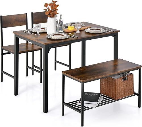Giantex Juego de mesa de comedor para 4, mesa de cocina con banco y sillas, juego de comedor de banco de reunión industrial con marco de metal y