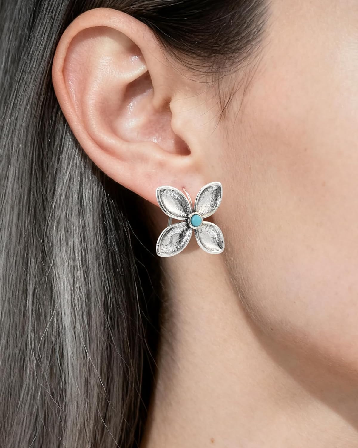 Handmade Bohemian Silver Flower Earrings for Women Small Blue Gemstone Dangle Drop Earrings Lightweight Vintage Boho Floral Jewelry - Image 2