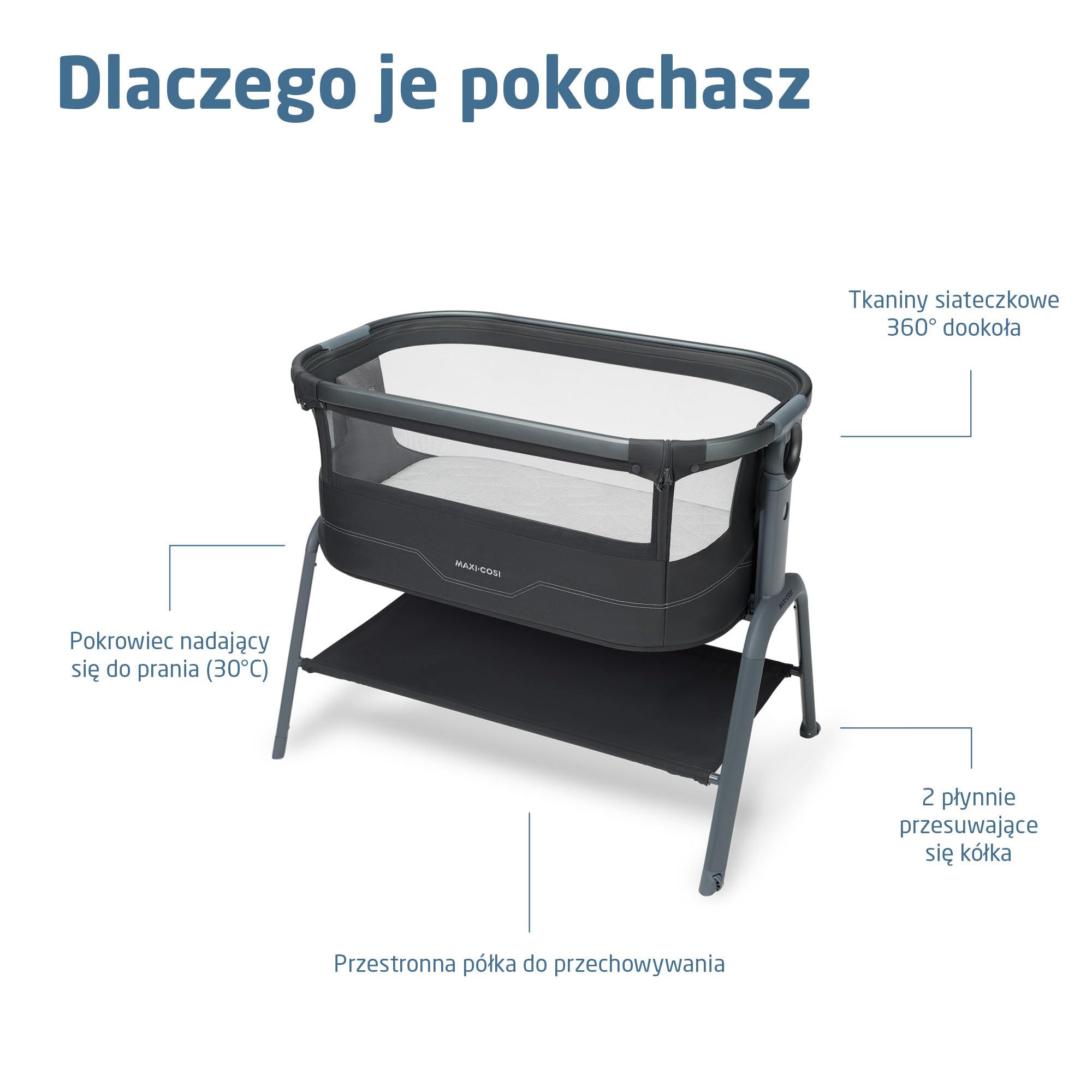 Maxi Cosi Iora² Dostawka do Łóżka, 0–6 Miesięcy (9 kg), Składane Lekkie Łóżeczko Dostawne, Materac CloudCore o Grubości 5 cm, 5 Wysokości, 2 Kółka, Łatwe Przesuwanie, Elegance Graphite