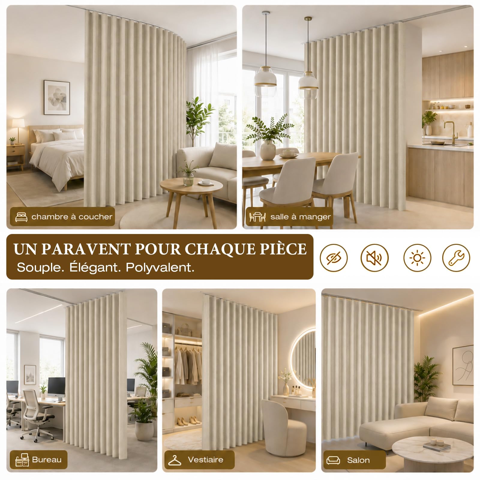 100% Occultant 264 cm Extra Large Rideau Séparateur de Pièce avec Rail | Effet Lin Rideaux Occultants Thermique, Kit Complet avec Rail Cintrable, Isolation Phonique pour Salon, Chambre, H274cm Kaki