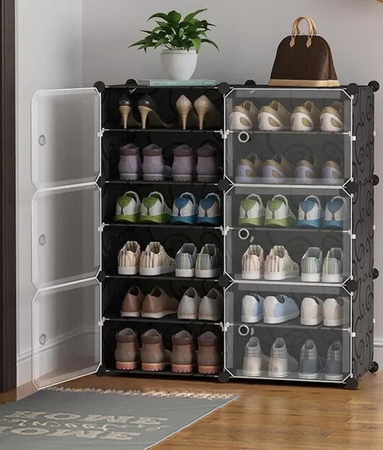 AYSIS Portable Plastic Shoe Rack Organizer with Door, 30 Pairs Shoe Storage Cabinet Easy Assembly, Adjustable Shoe Storage Organizer Stackable Detachable Shoe Rack DIY (12-Layer-6-Door, Black)