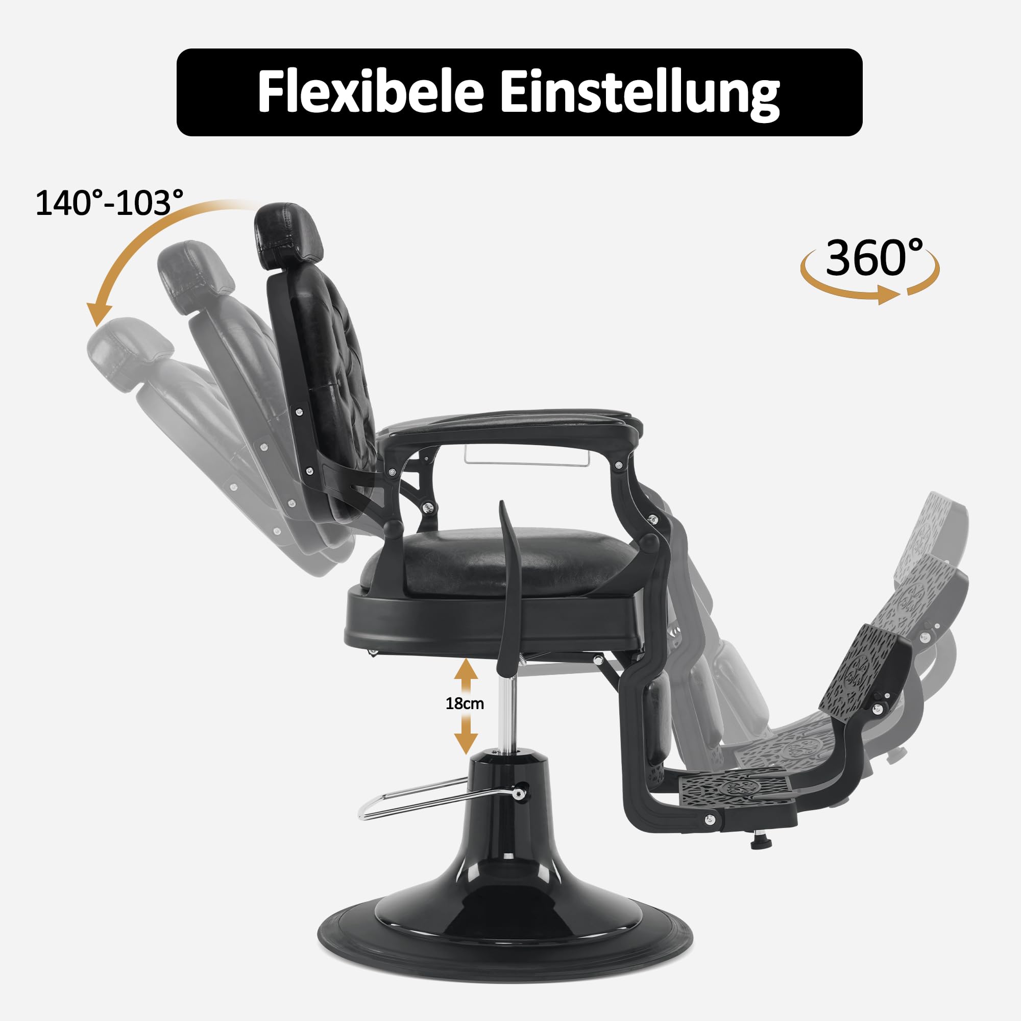 Sedia da parrucchiere con poggiatesta inclinabile regolabile in altezza girevole 360° stile retrò nero