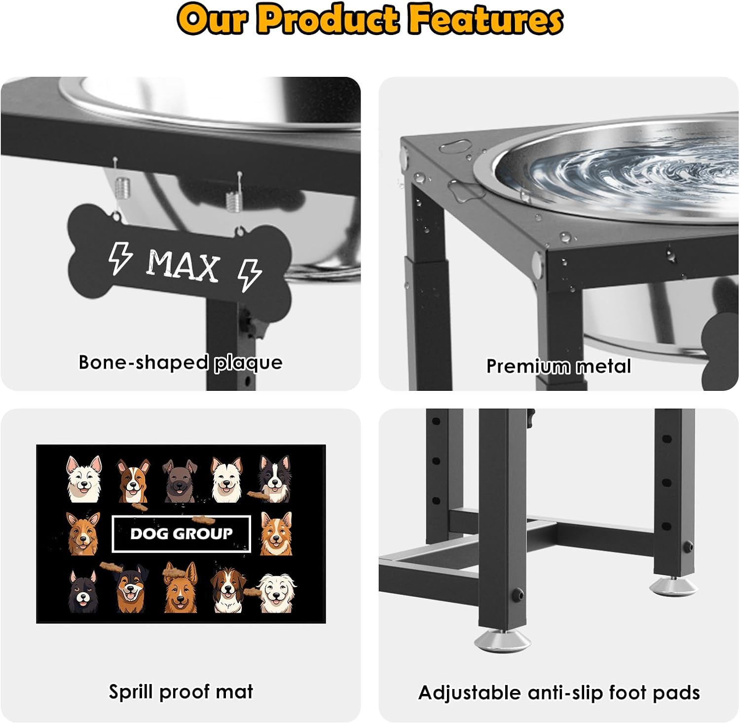 ADENGL 0.8 Gallon Elevated Dog Water Bowl for Medium Dog, 4-Height Adjustable (8–12.2'') Raised Stainless Steel Bowl with Spill-Proof Mat & Sturdy Metal Stand, Easy-Clean Feeder for Indoor/Outdoor Use