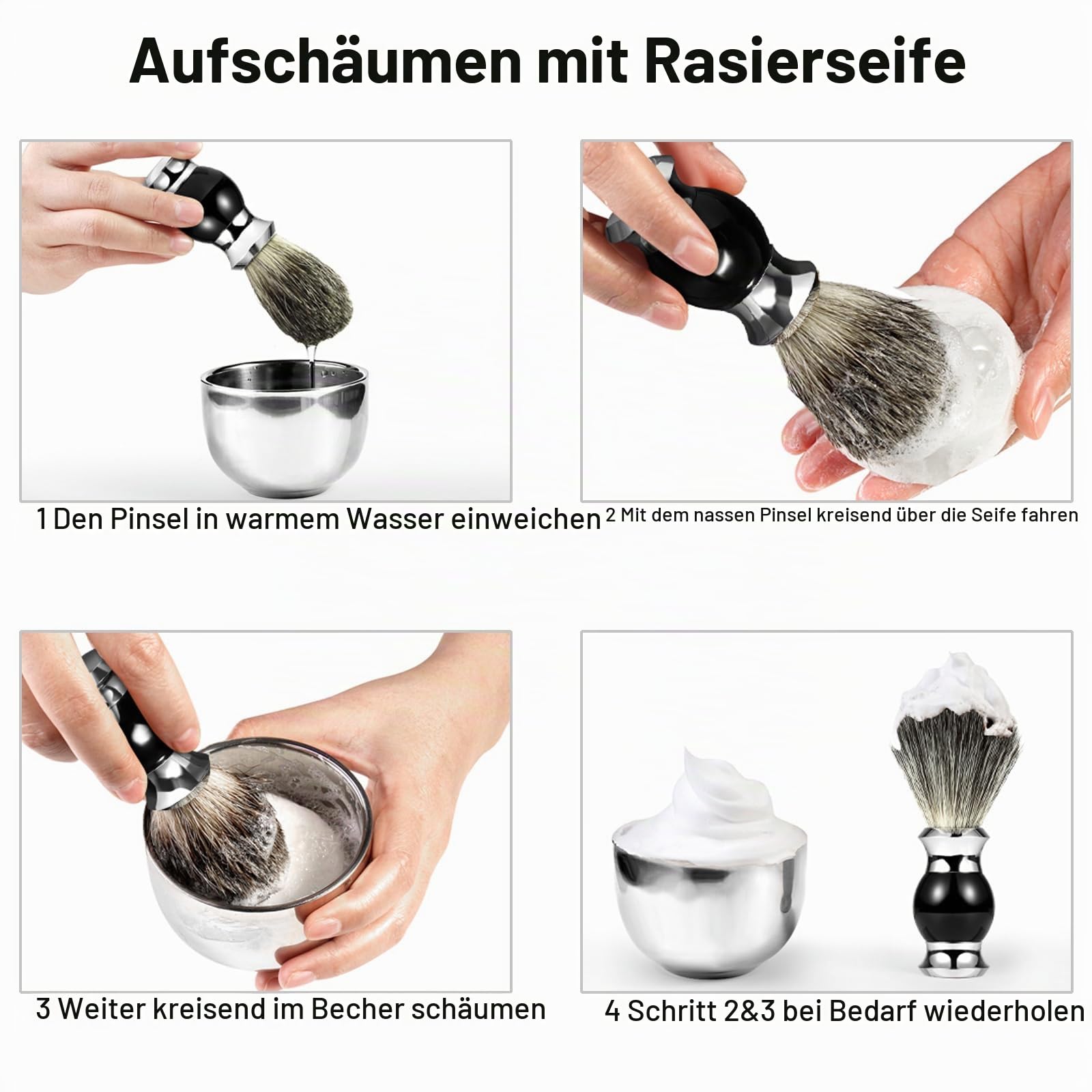 GRUTTI 3 in 1 Premium Rasierpinsel-Set, Sicherheits-Rasierhalter, Pinselhalter, Rasierpinsel aus Dachshaarimitat, Rasierschale aus Edelstahl, Herren-Rasier-Geschenkset – Herren-Rasierhalter-Set