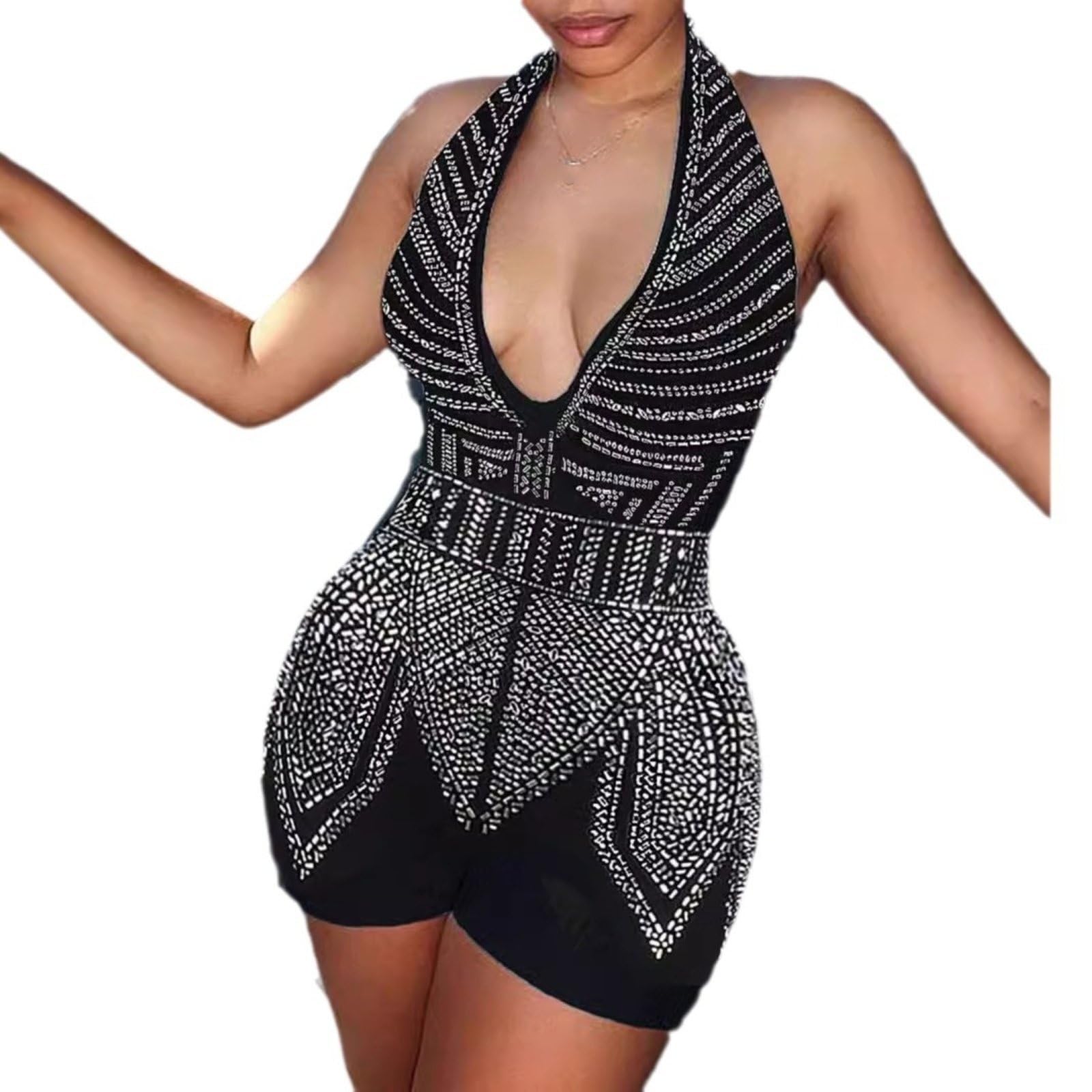 Damski pajacyk bez rękawów Rhinestone Lace Up Deep V Neck Halter Clubwear Body