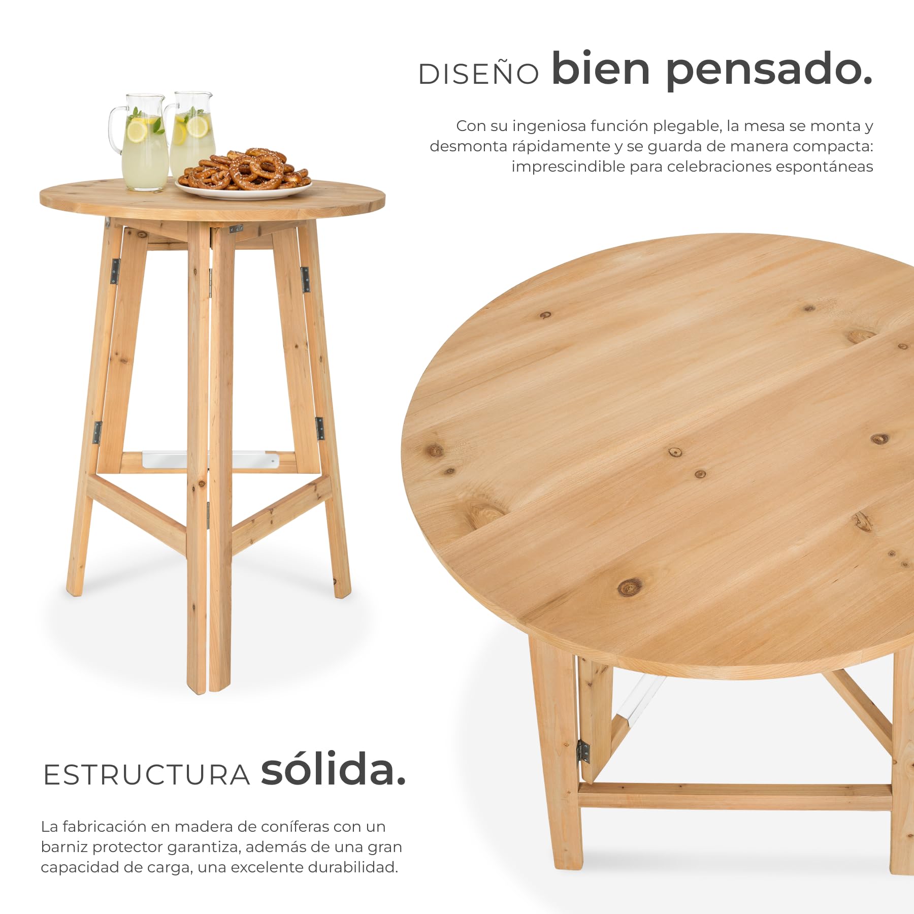 tectake® Mesa Alta Plegable de Madera Redonda con Barra de Metal para Mayor Estabilidad Mesa Alta Cocina Comedor Mesas Altas - 79 x 79 x 110 cm