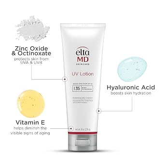 EltaMD UV Lotion SPF 30+ Sunscreen Moisturizer for Face and Body, Mineral Based with Zinc Oxide and Hyaluronic Acid for Sensitive Skin, Non-Greasy & Fragrance-Free.
