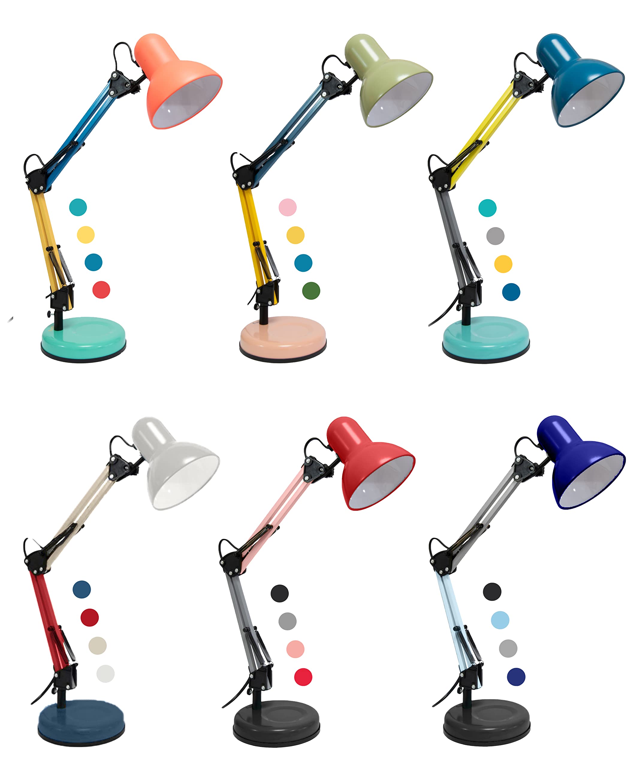 Vintage przegubowa lampa biurkowa Ralph Niebieska, miętowa, szara i żółta biurkowa lampa Flexo kompatybilne z żarówką E27