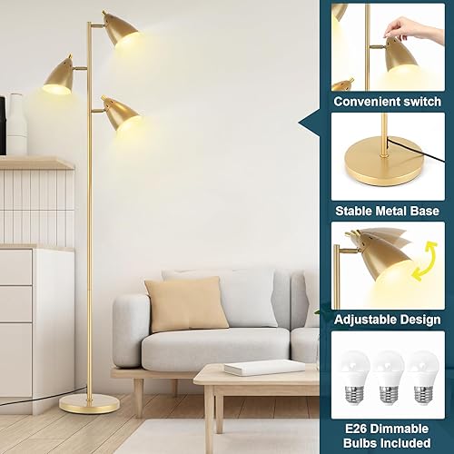 Miniatura 6 de Lámpara de pie de árbol para sala de estar, lámpara de pie industrial de 3 luces con 3 bombillas LED, cabezales de rotación ajustables, lámpara de