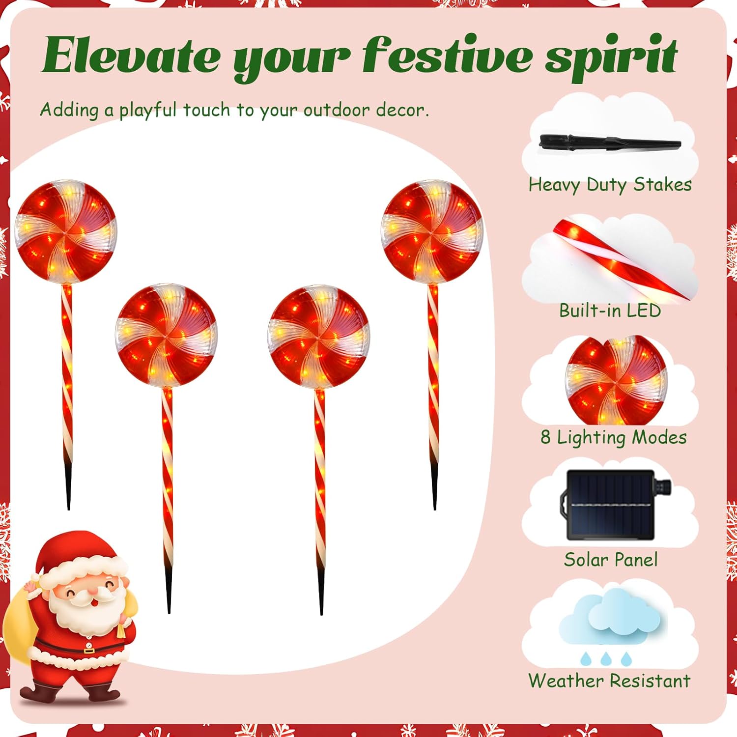 Candy Christmas Decorations Pathway Outdoor Solar, 29 inches 80 LED Lighted Lollipop with 8 Modes Waterproof String, for Yard Patio Walkway-4PCS
