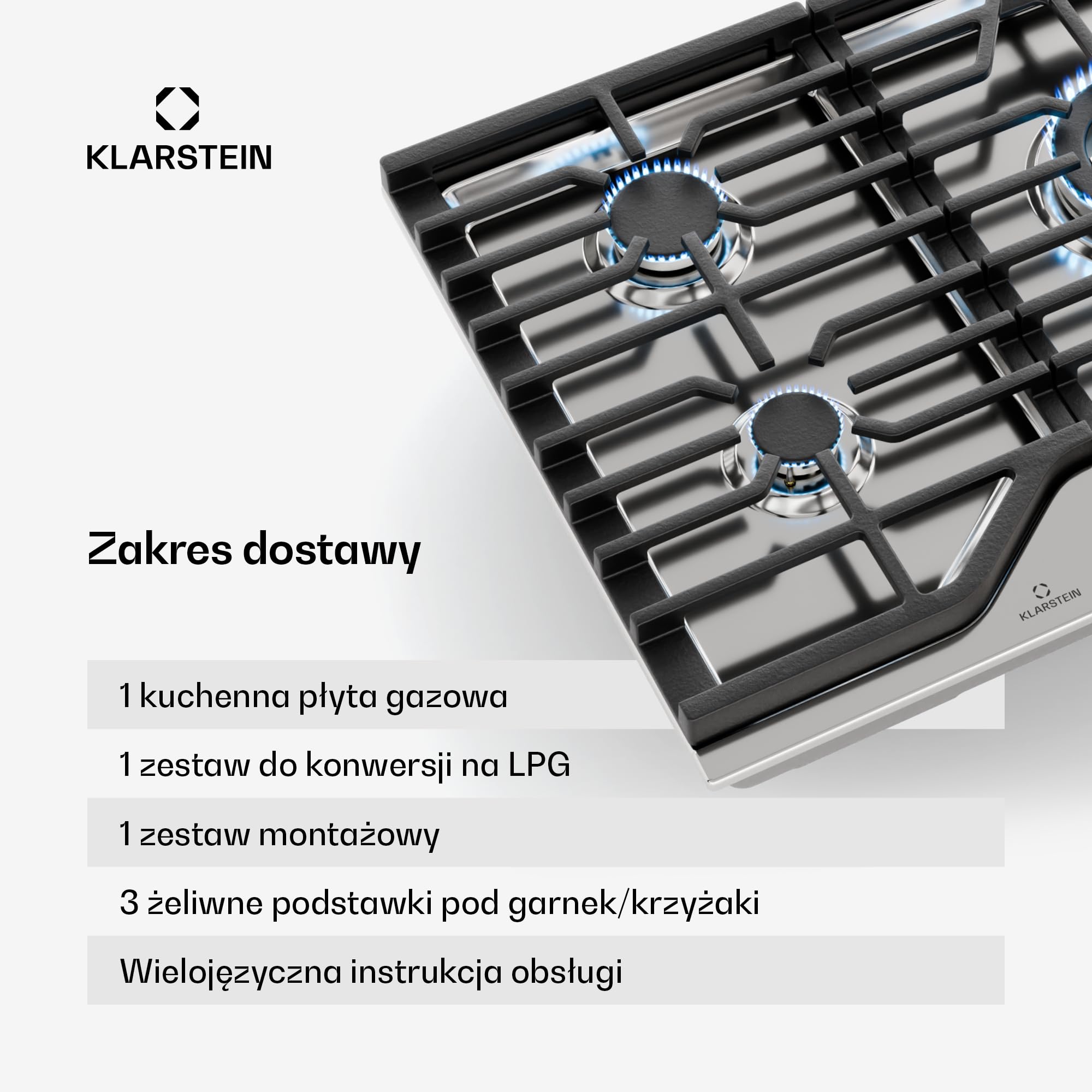 Klarstein Turbocast Płyta gazowa - 5 palników, Stal nierdzewna 304, Palnik wok 3,4 kW, Żeliwne podstawki, Zapłon elektryczny, Zabezpieczenie odcinające, Zestaw do przezbrojenia na LPG, Płyta gazowa