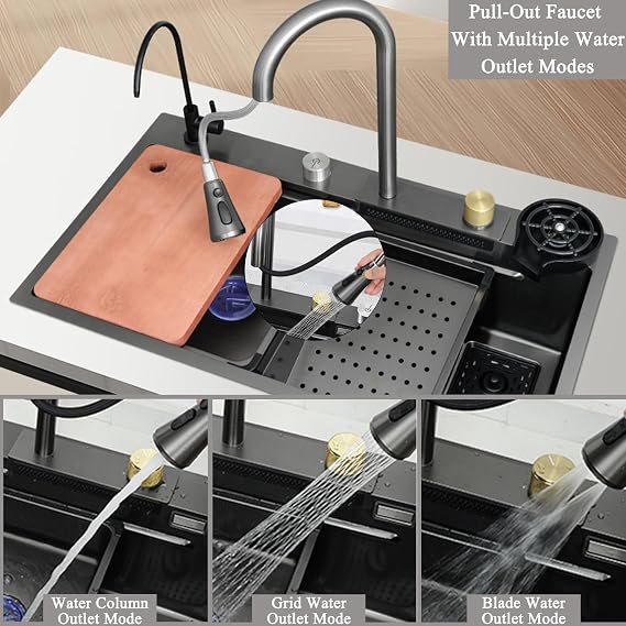 Waterfall Kitchen Sink Stainless Steel Top Mount Sink Black Nano Single Bowl Sink Multifunctional Workstation Sink with Pull-Out Faucet, Glass Cup Washer, Drain Basin, Drainage Assembly(80x50x22cm)