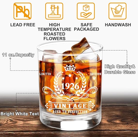 YeohJoy 100th Birthday Gifts for Men,Vintage 1926 Whiskey Glass Set