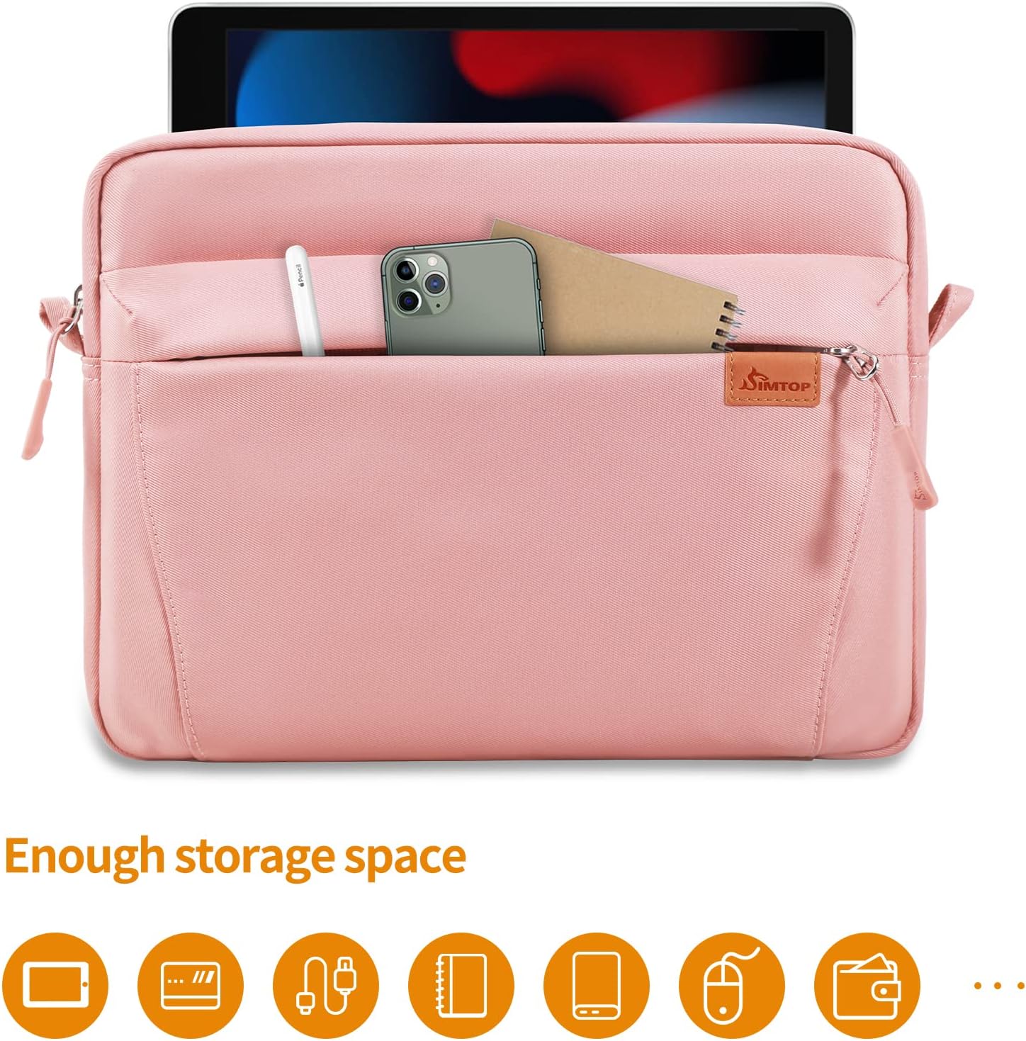 SIMTOP Tablet Sleeve 11 inch Daily Shoulder Bag for Tablet, Waterproof Crossbody Bag with Smart Organization for Accessories, Essentials Lightweight, YKK Zipper, Polyester (Pink)
