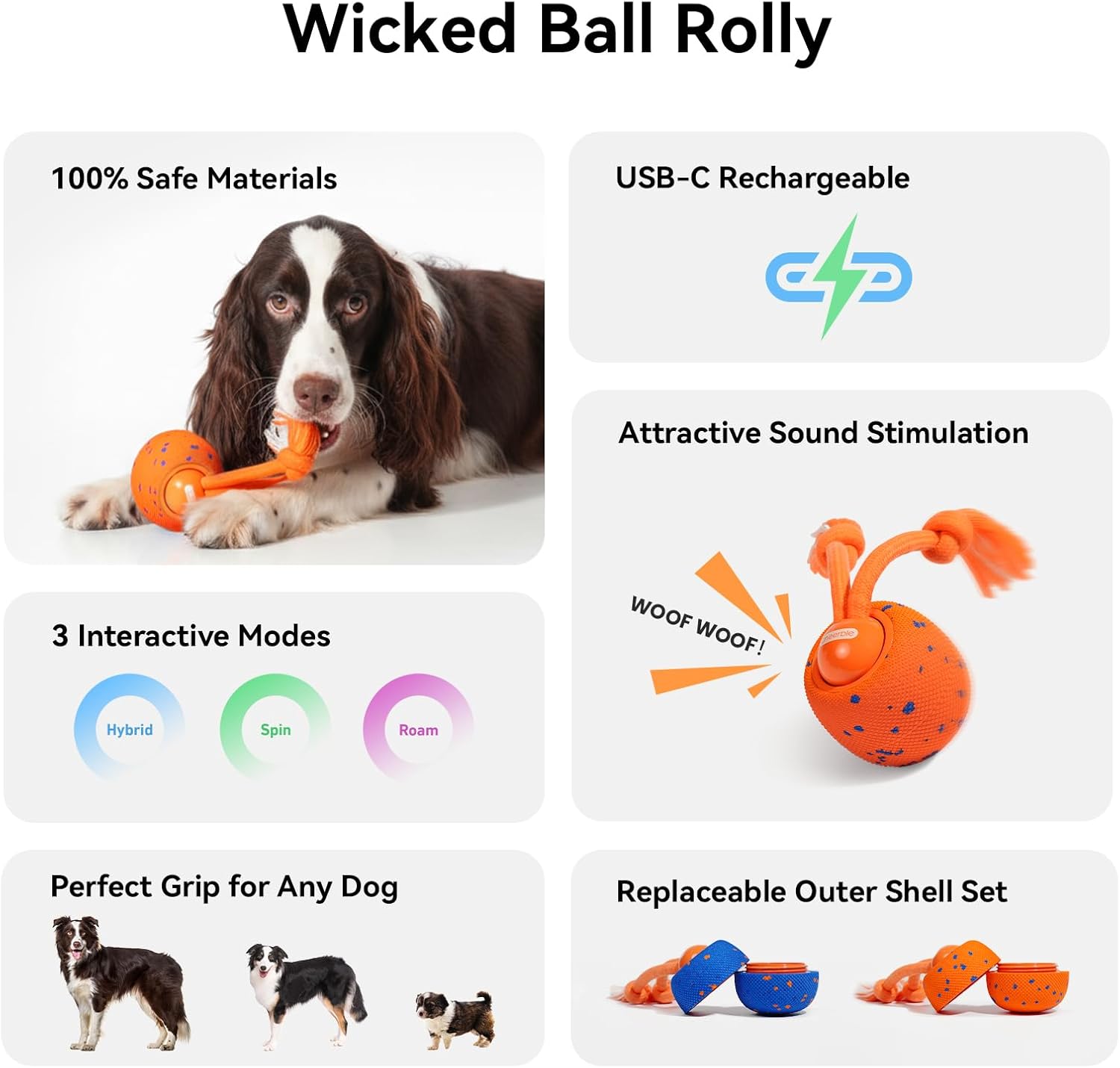 Cheerble Smart Interactive Dog Toy, Wicked Ball Rolly, Automatic Moving, Bouncing, Rotating, E-TPU Material, with Rope & Barks Sound Active Rolling Interactive Dog Ball for Medium and Large Dogs