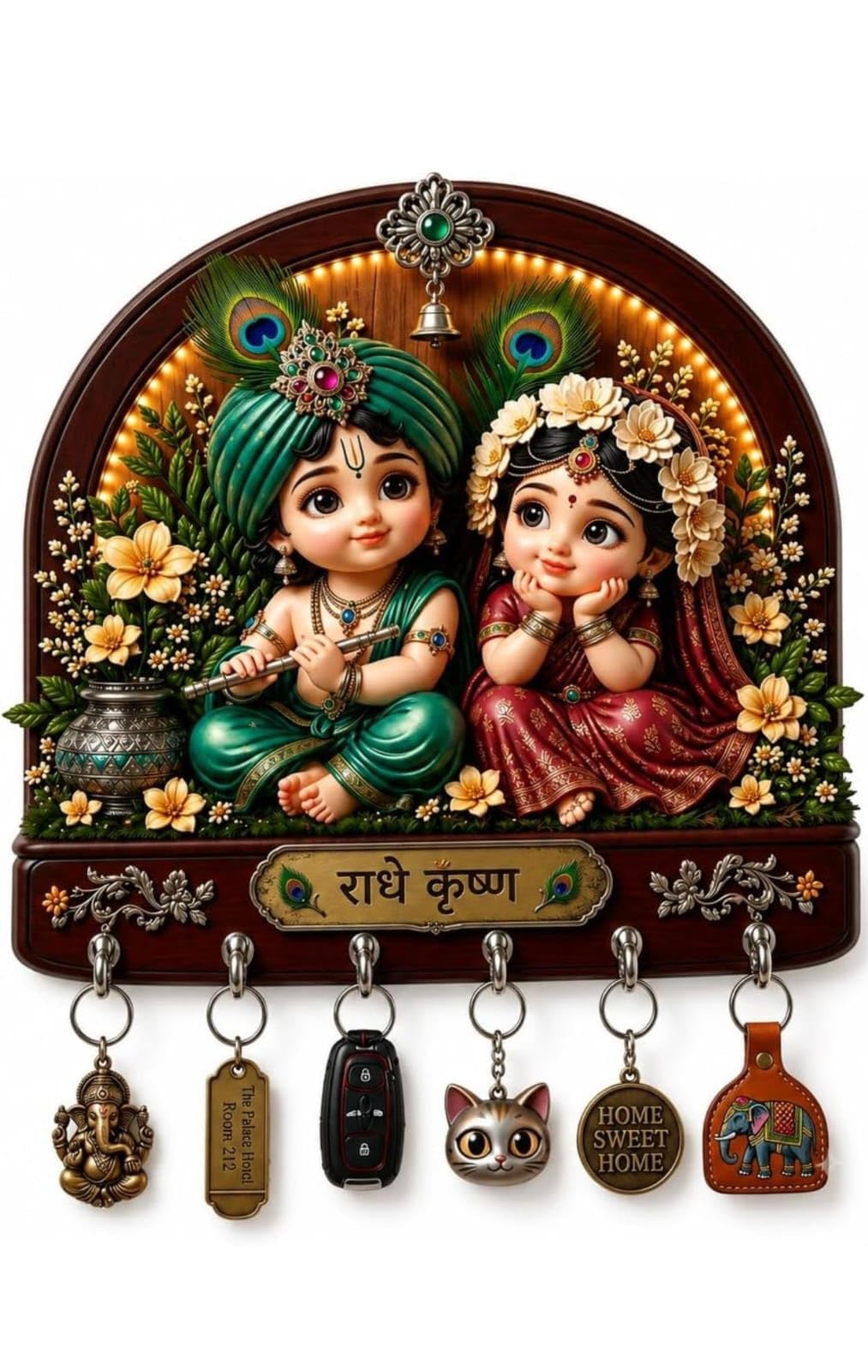 Baby Krishna Wooden Key Holder with 7 Hooks | Wooden Wall Key Holder for Home Entrance | Decorative Key Hanger for Living Room, Office Home Decor (Radhe Krishna Green)-image-13