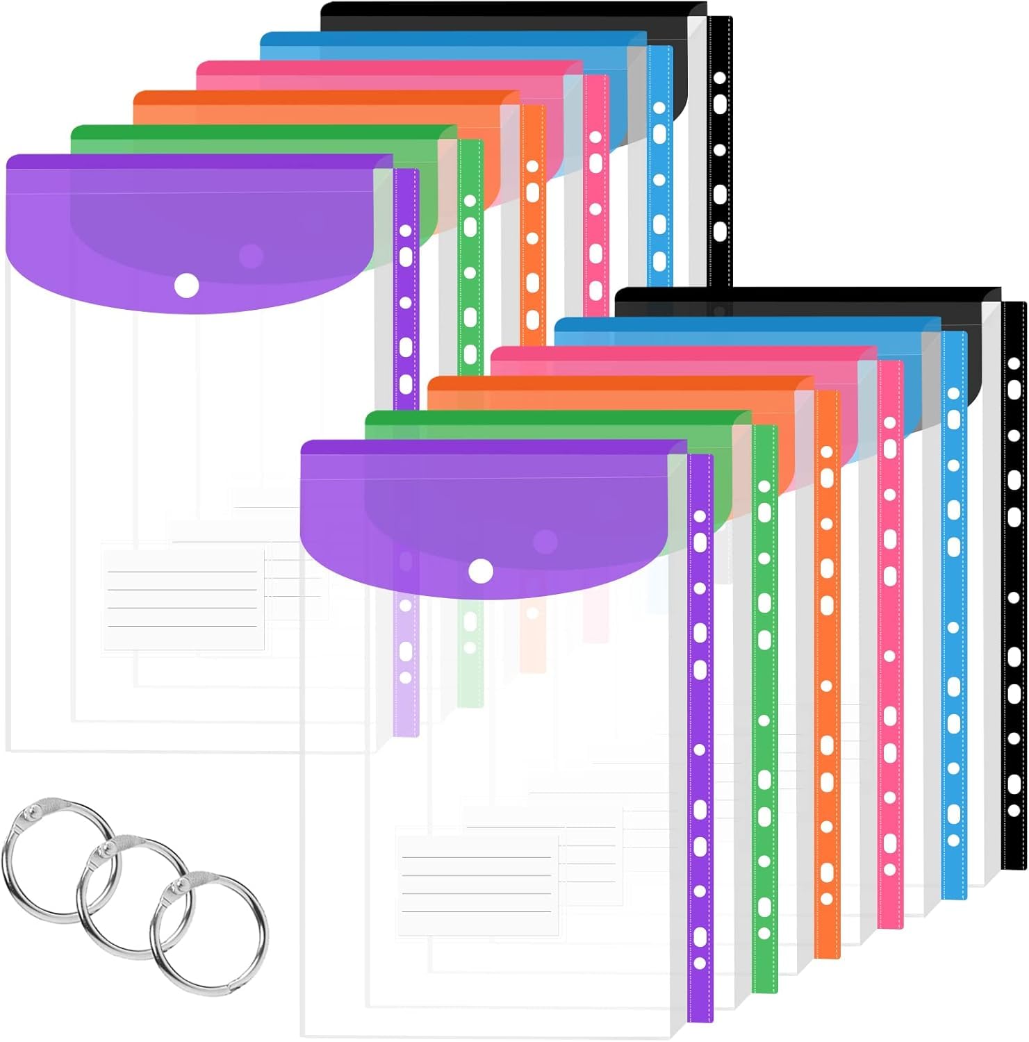 OFFOF A4 Plastic Wallets – 12 Pack Punched Pockets Expandable Document Folders with Button – Holds 200+ Sheets, Tab Card & 3-Ring Binders for School, Office, Home, and Travel (Vertical)