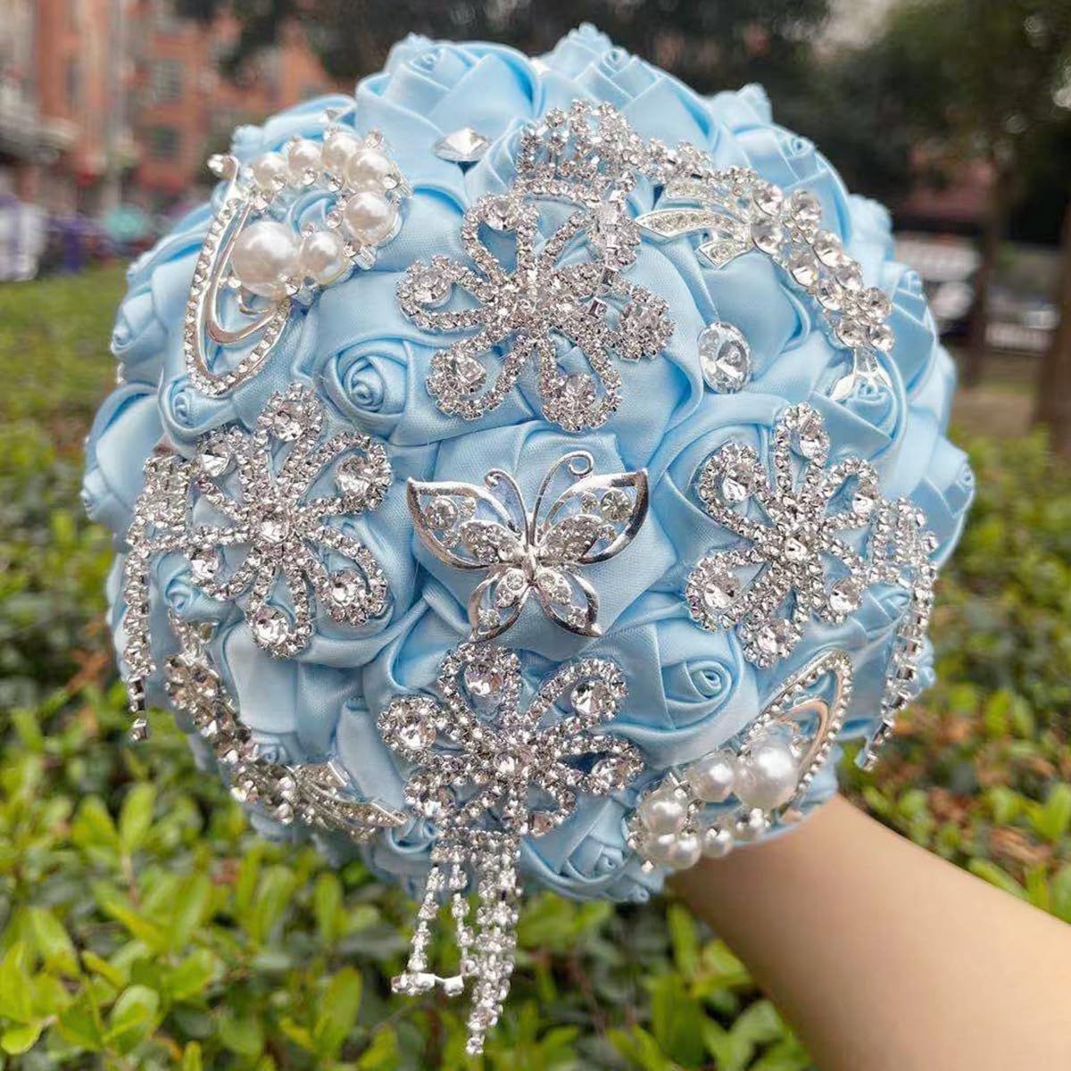 Handmade Rhinestone Brooch Satin Bridal Bouquet,Crystal Wedding Round Tossing Bouquet,Artificial Flower Bunch with Diamond Pearl Ribbon 7.1"(85#Light Blue)
