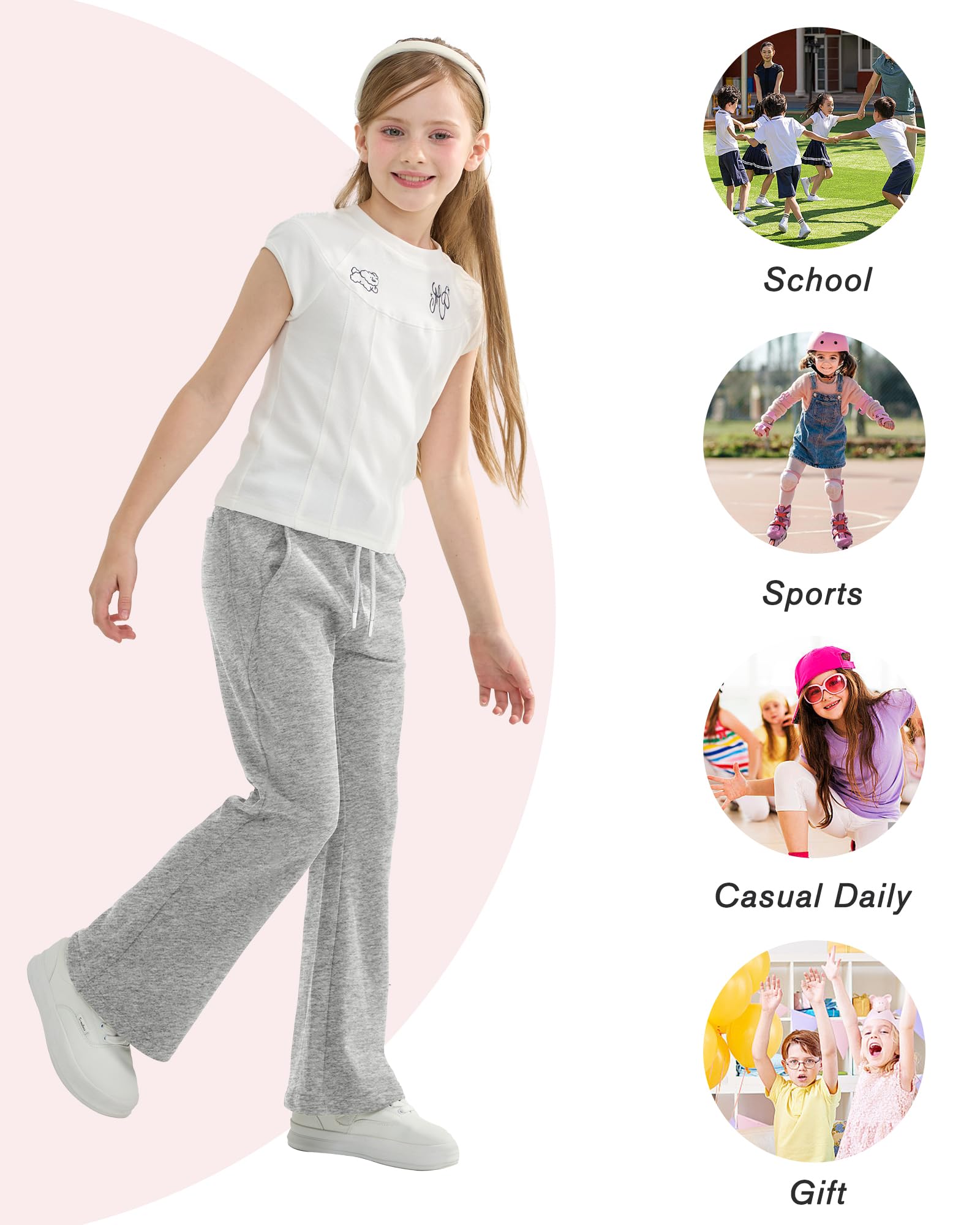 Rolanko Pantalones deportivos acampanados de pierna ancha para niñas, cintura elástica, pantalones acampanados para niños, sudaderas con bolsillos, 5-12 años