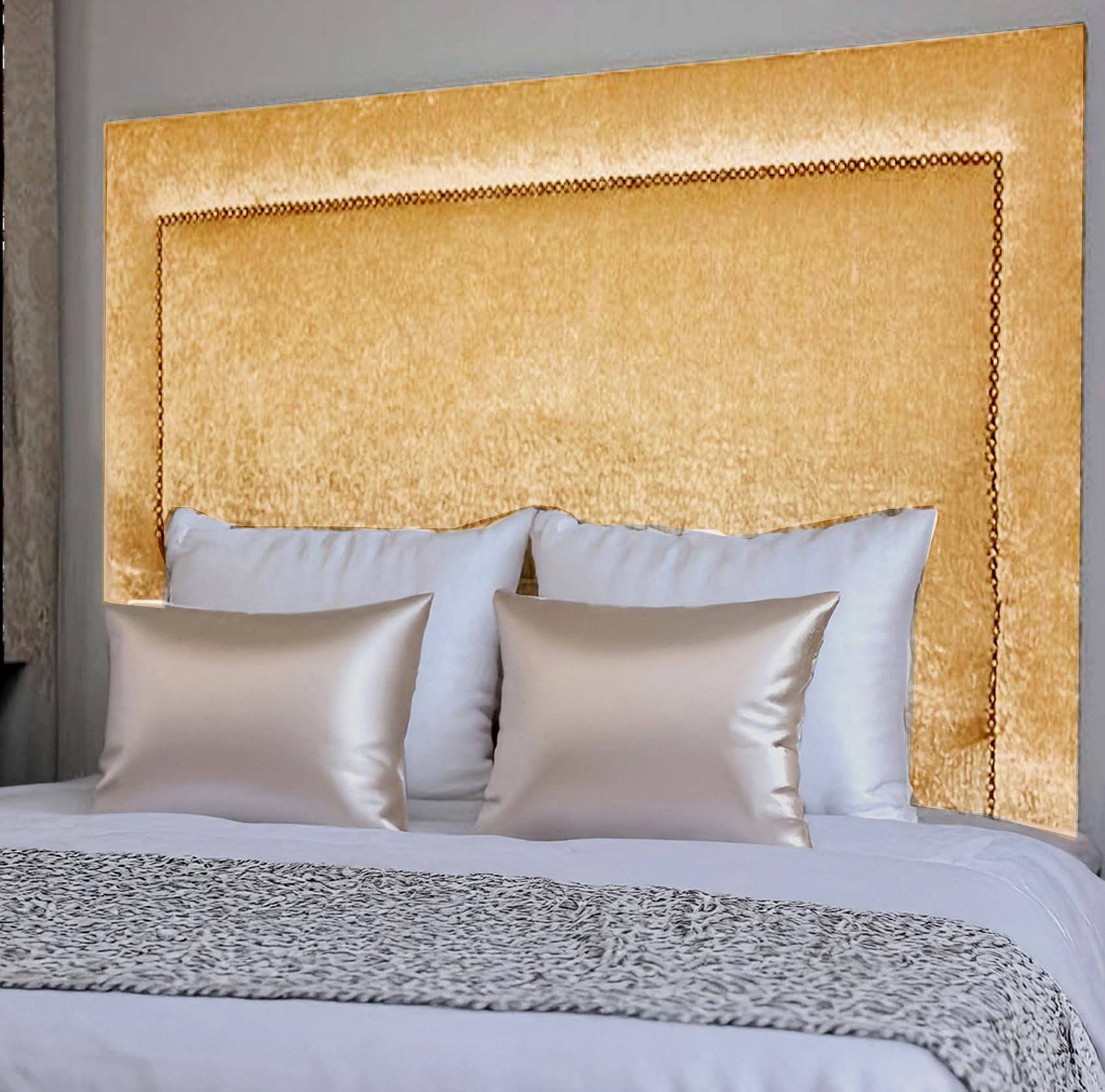 ELEGANT DESIGN STUDDED HEADBOARD IN LUXURY CRUSHED VELVET FABRIC - 3FT SINGLE, 4FT SMALL DOUBLE, 4FT6 DOUBLE, 5FT KING SIZE, 6FT SUPER KING SIZE - 30" HEIGHT (MUSTARD GOLD, 4FT SMALL DOUBLE SIZE)