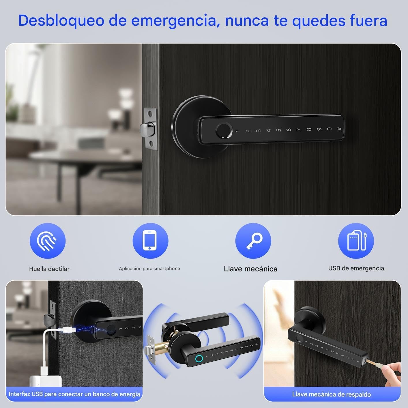 Cerradura Inteligente Puerta Exterior - 4 en 1 Cerradura Electronica, Huella Dactilar, App, Contraseña, Llave, Cerraduras para Protección Contraseña y Alarma de Batería Baja