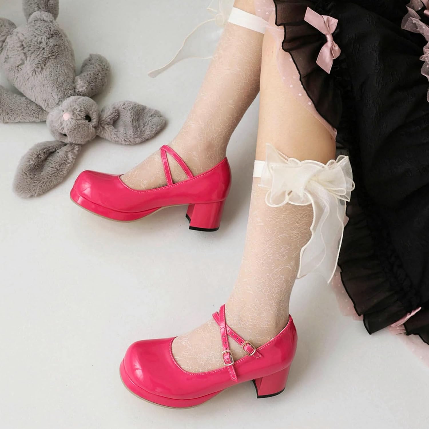 LUXMAX Women Patent Leather Mary Janes Block Heel Platform Pumps Ankle Strap Buckle Chunky Heel Pumps Closed Square Toe Dress Shoes - Image 9